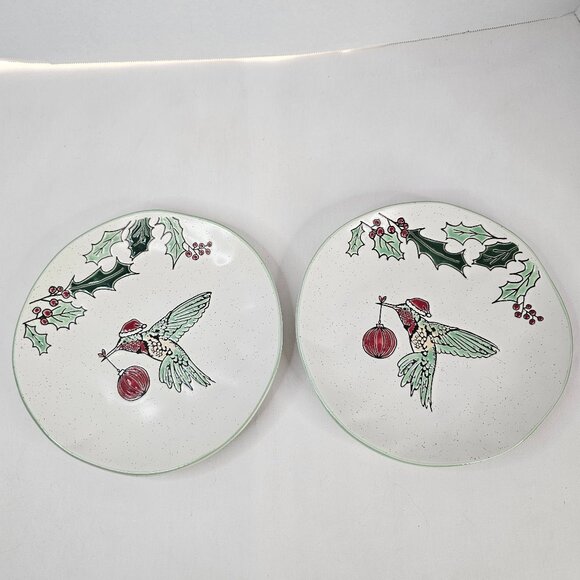 Eli + Ana Hummingbird Salad Plate Christmas Holiday Ceramic Lot of 2 - Picture 1 of 9